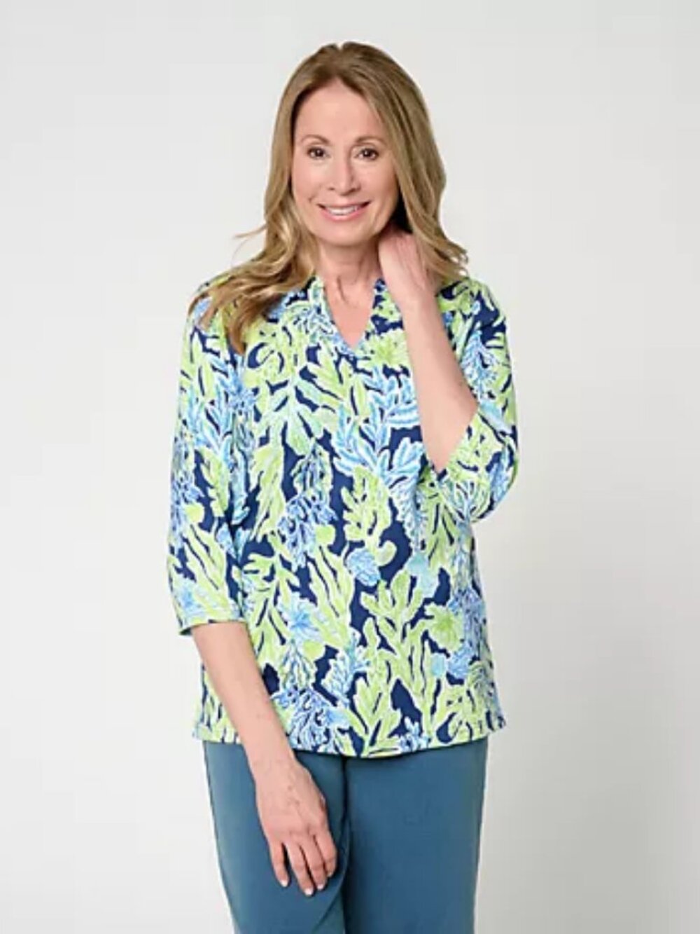 Quacker Factory Under The Sea Printed 3/4-Sleeve Top, Multi Sz a726751